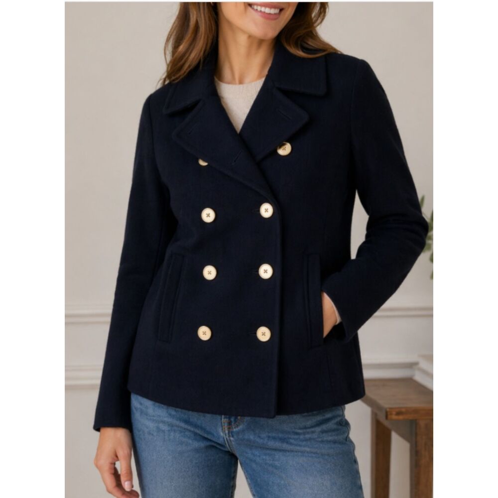 J. Crew Wool & Cashmere Midnight Blue Pea Coat with Gold Buttons Womens Size 4